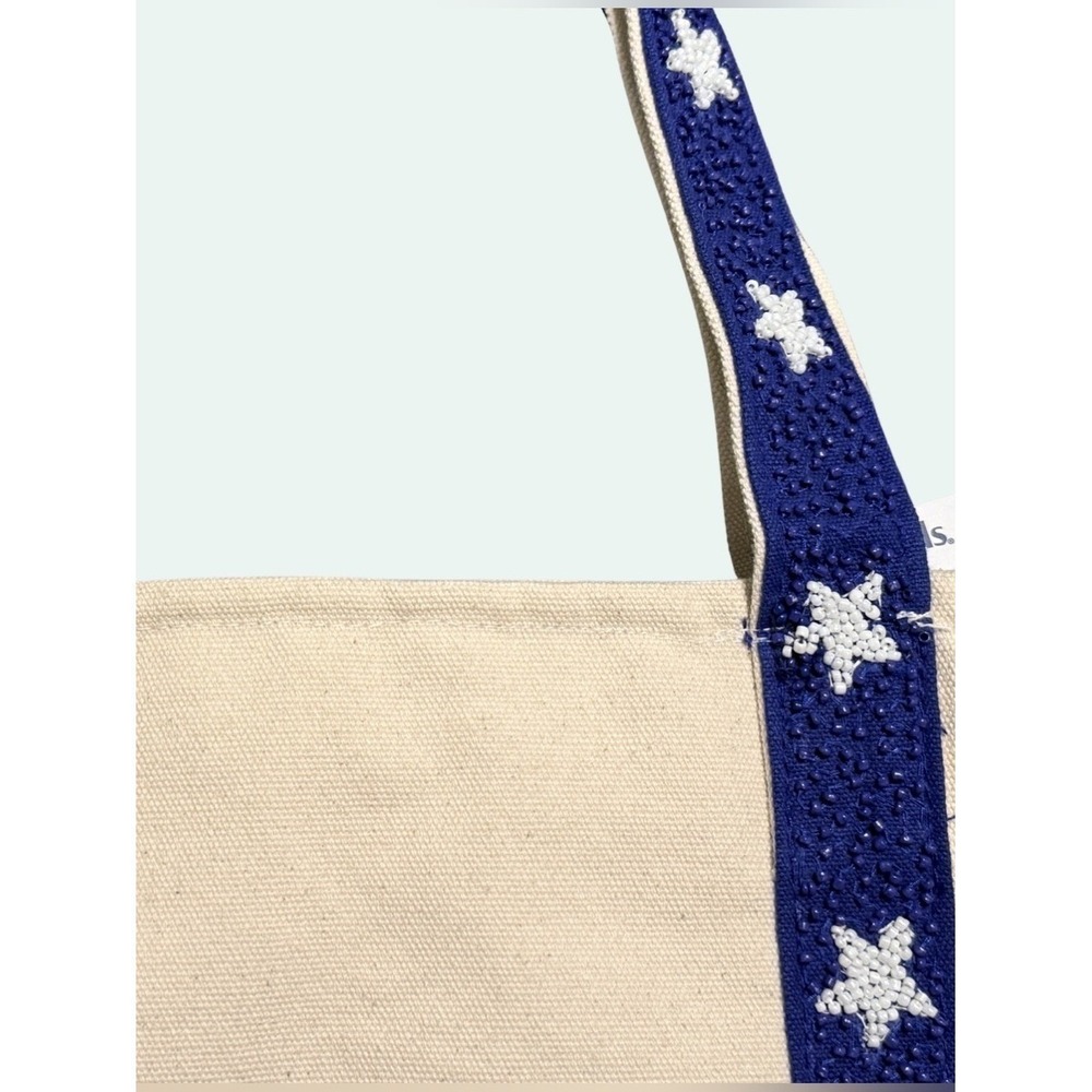 America & Beyond Beaded Canvas Tote Star Handles Fourth of July Beach Blue NWT - Picture 8 of 10